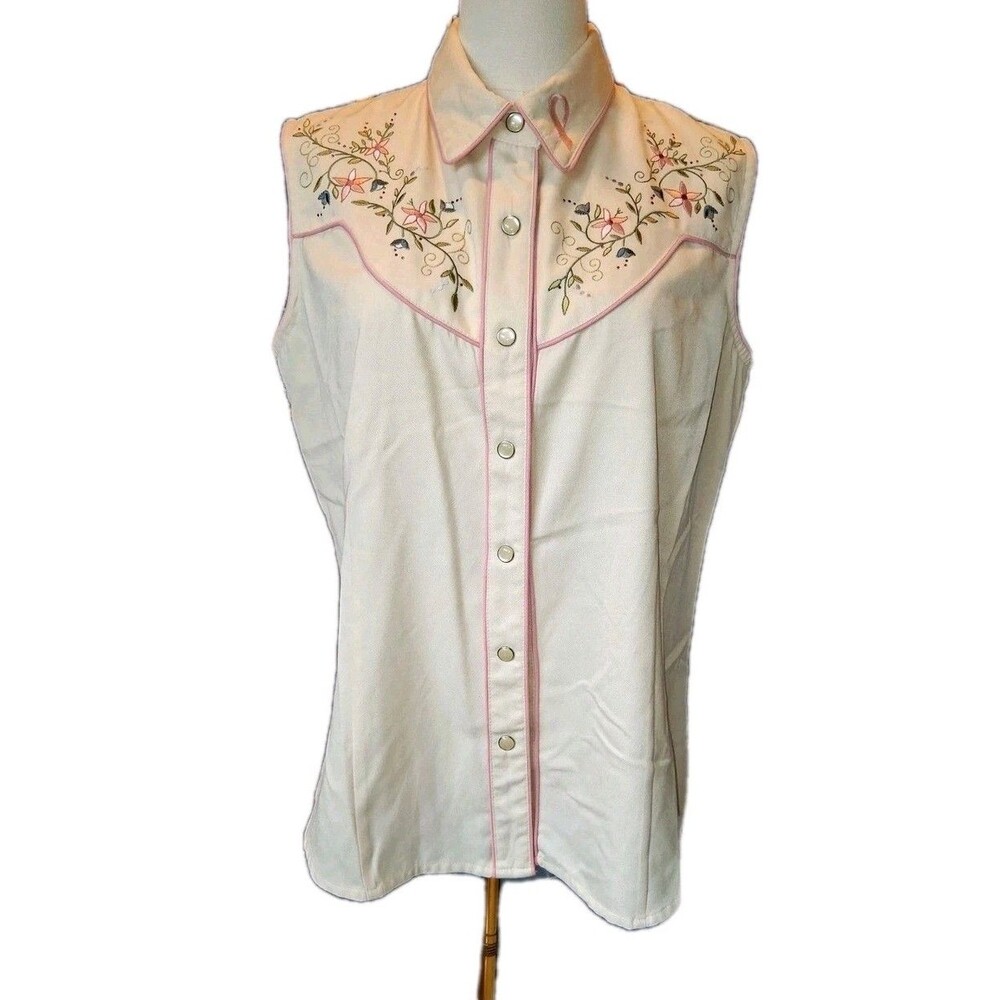 Scully L Ivory Floral Embroidered Vest Breast Cancer Ribbon Western Pearl Snap
